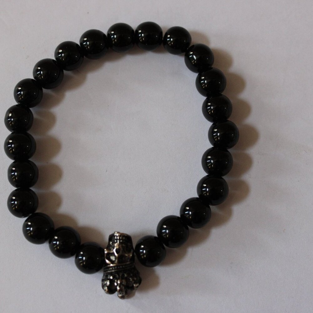 Onyx Black beaded stretch bracelet with owl